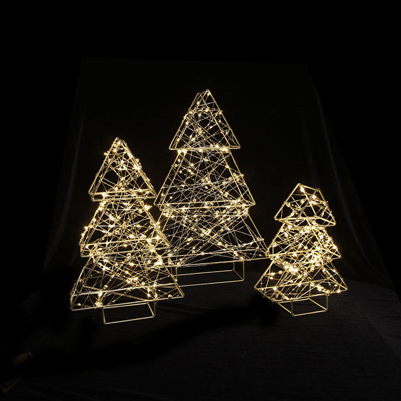 Three-piece set iron frame double-sided Christmas tree with copper wire lamp with beads